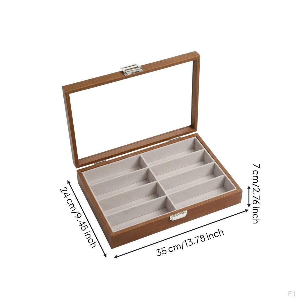Sunglasses Organizer WoodenGrain Sunglass Box with Glass Lid 8Compartment Storage for