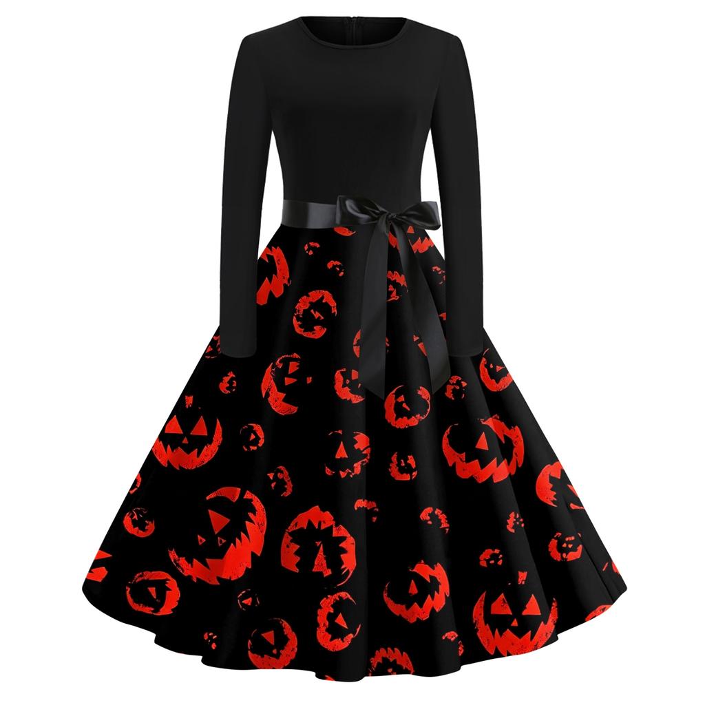 Women's Casual Halloween Print Dress Long Sleeve Round Neck Vintage Style Midi Dress with Waist Tie for Seasonal Occasion