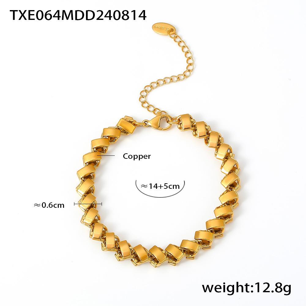 18K Gold Plated Geometric Necklace & Bracelet Set - Copper, Hip Hop Style, Color Retention