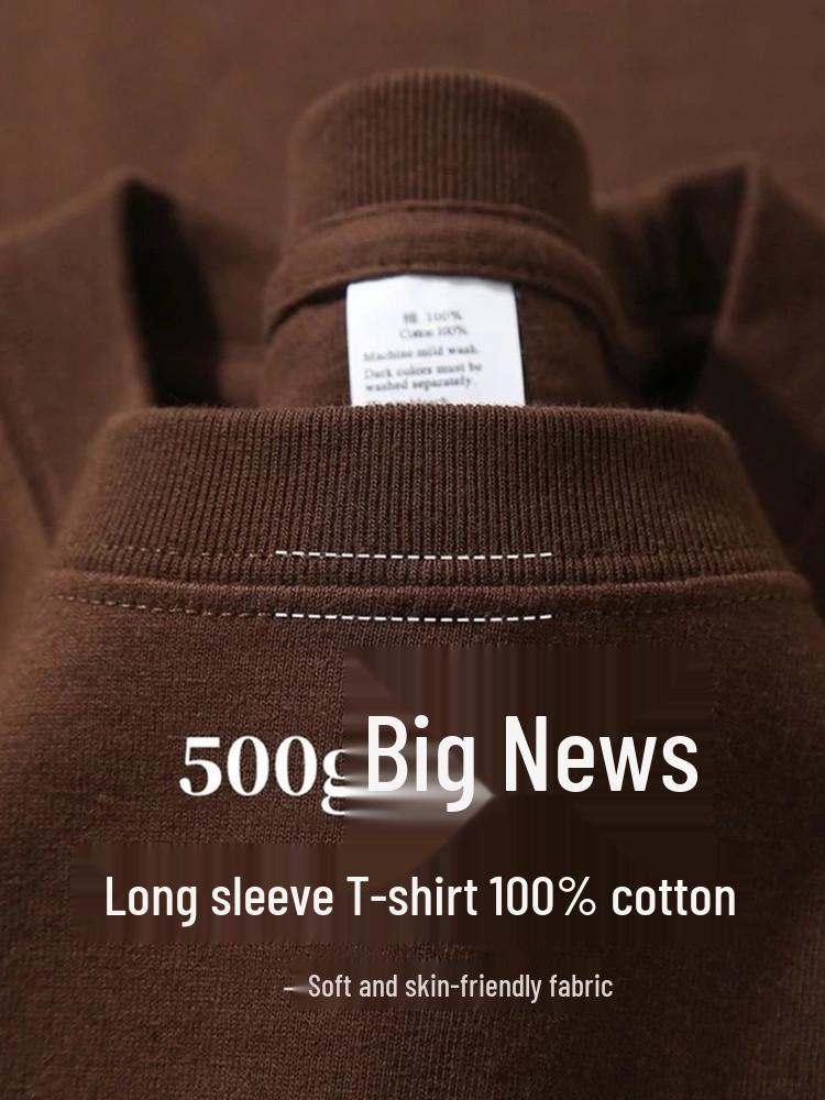 T-shirt Unisex Premium 500g Pesante Grigia 100% Cotone Spazzolato Double-Face a Manica Lunga.