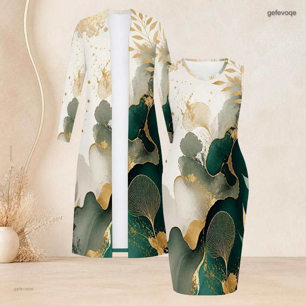 Women Plus Size Two Piece Set Long Sleeve Open Front Cardigan Round Neck Sleeveless Bodycon Dress Blue Black Gold Printed