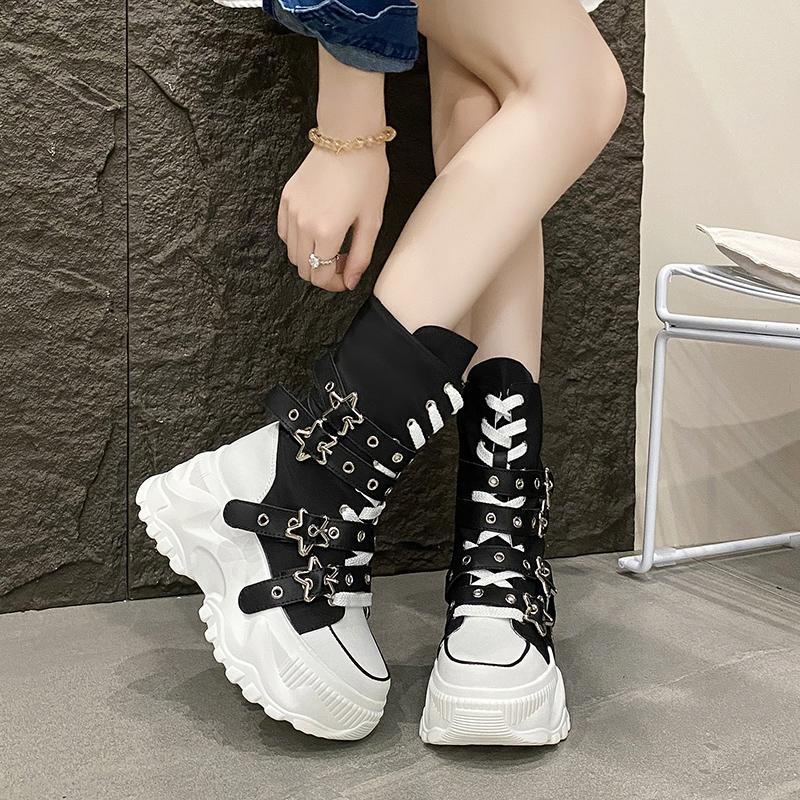Fashion Rock Shoes Woman Luxury Designer Flat Heel Boots-Women Round Toe Fashion 2025 Ladies Autumn Med Ankle Slip-On Cotton Fabric