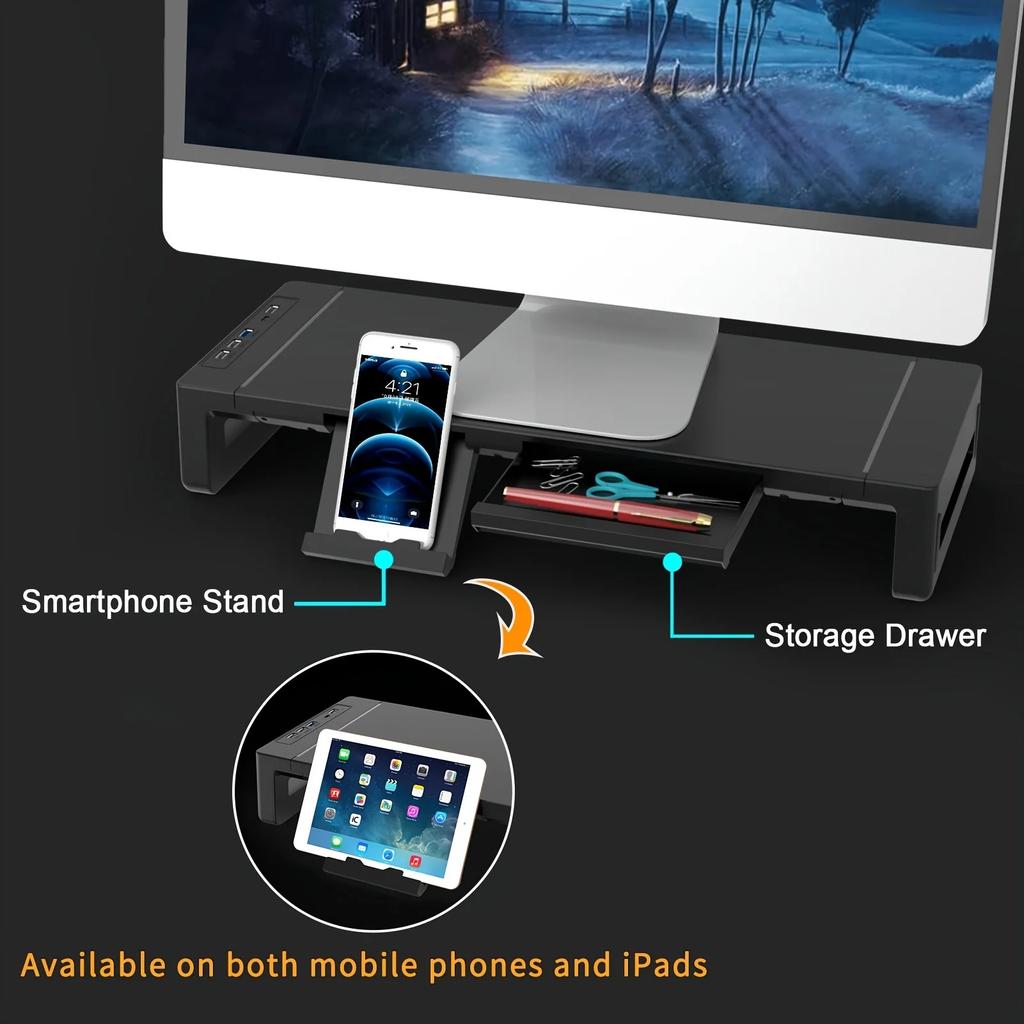 Monitor Stand Riser, with USB3.0 Foldable, Height Adjustable Computer Stand, Desk Shelf Riser with Storage Drawer & Tablet Phone