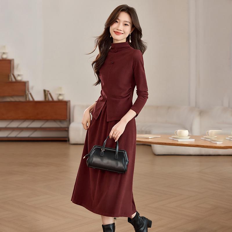 Moda de primăvară 2025: Rochie două piese groasă, periată, cu guler înalt și fustă midi (SH039)