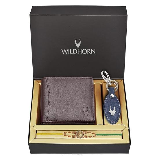 WildHorn Rakhi Gift Hamper for Brother - Classic Men's Combo/Gift Set of Leather Wallet, Keyring and Rakhi for Brother (Brown)