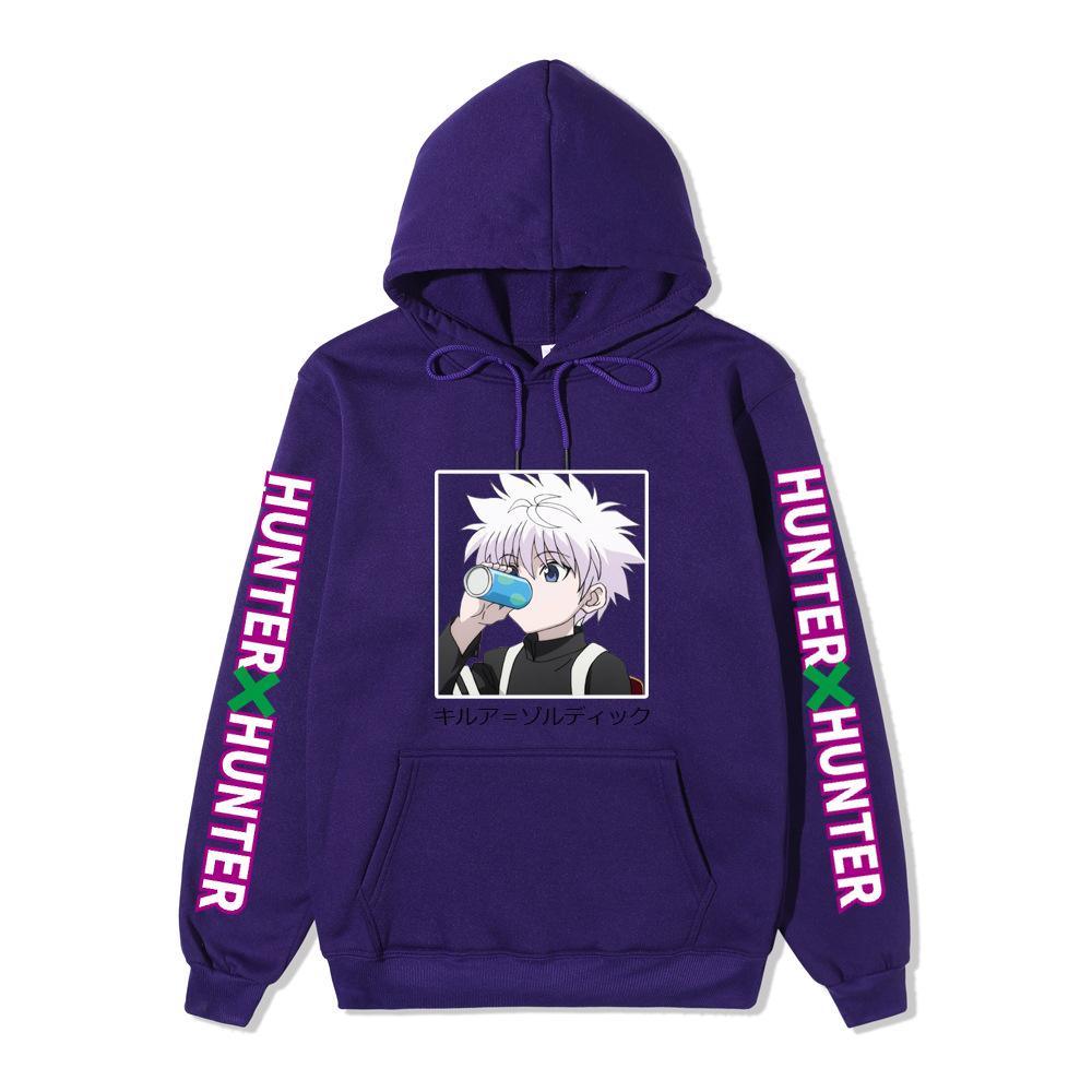 Hunter X Hunter Drinking Killua Hoodie Japanese Name Purple Letter Sleeve Anime Hooded Pullover Sweatshirt