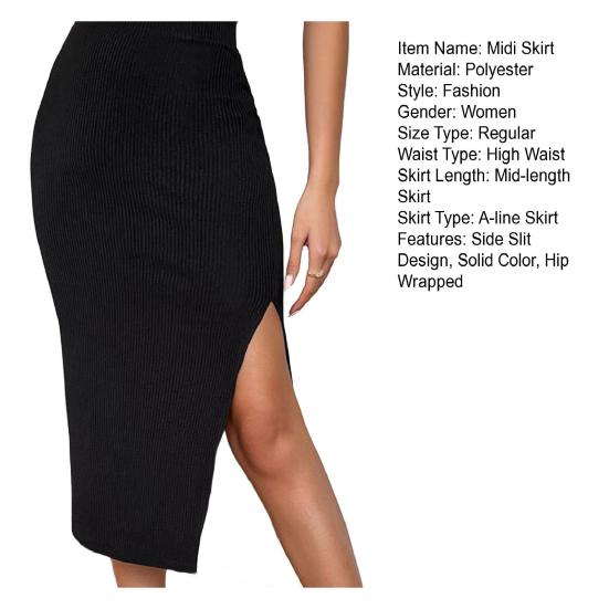 Women Midi Skirt High Waist Side Slit Design Knitting Skirt Solid Color Hip Wrapped Office Lady Skirt Daily Wear