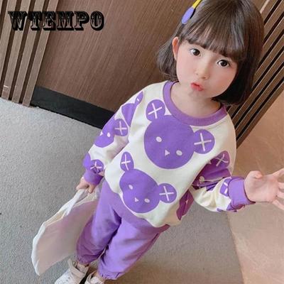 Girls Suits Spring and Autumn Clothing Baby Girl Sports and Leisure Round Neck Pullover Sweater Trousers Cute Bear Print Two-piece Set