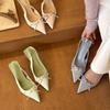 Green wonderland! Satin pointed head bow high heels women's spring light mouth empty sandals