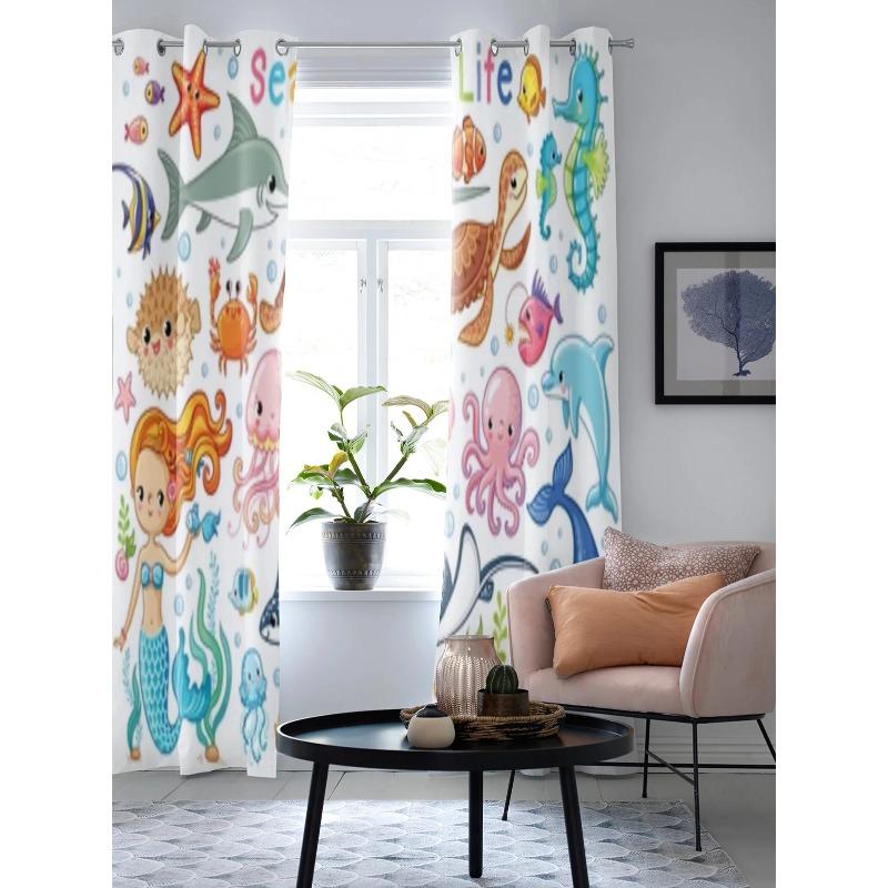 Fenstervorhang mit Meerestieren und Meerjungfrauen für Kinderzimmer, Jalousien für Wohnzimmer, Schlafzimmer, Fenstervorhänge