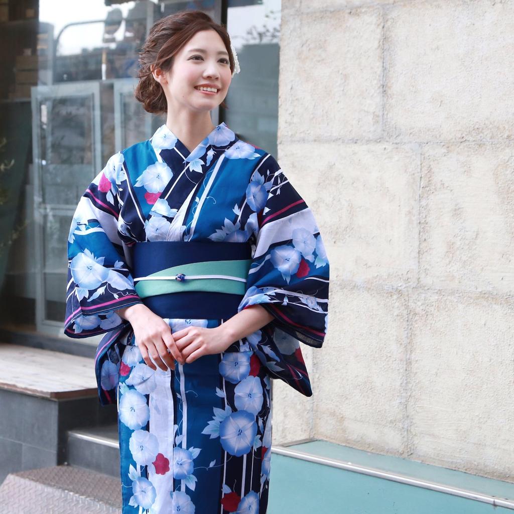 Brilliant Piece Yukata and Navy Blue with Blue Morning Set for a Love Look "Wa Nadeshiko" Women's Set, Blue-Green Glory, 3-Piece Heart-Pounding