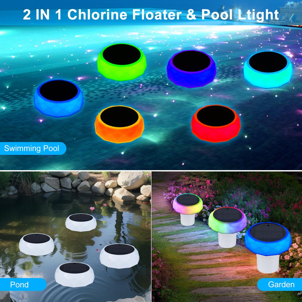 Pool Chlorine Floater with Solar Light 6 Lighting Modes IP68 waterproof 2H 4H 6H timing Anti Sinking Mushroom Floating