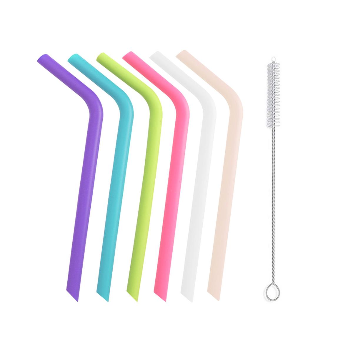 Leeseph Reusable Silicone Drinking Straws, Long Flexible Silicone Drinking Straws with Cleaning Brushes  for 6 Pieces