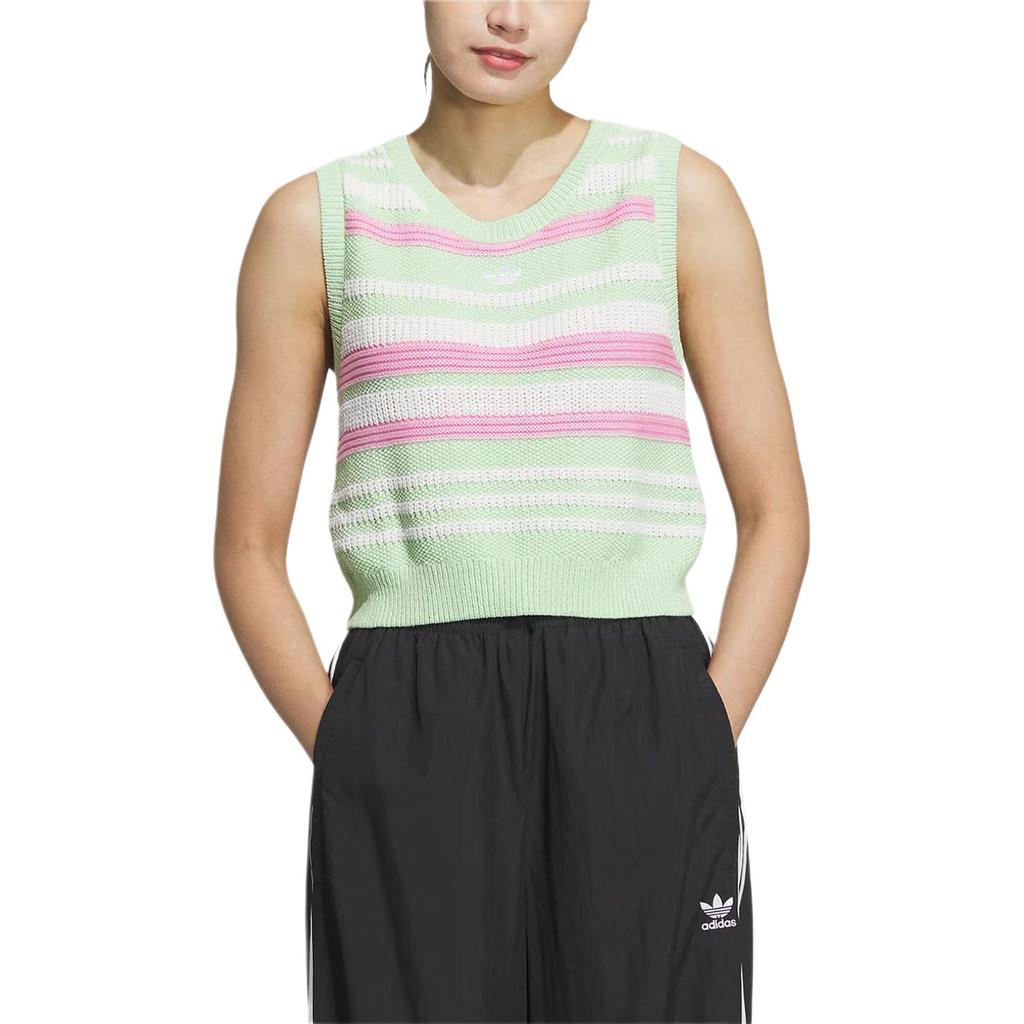 adidas Gilet Maglia Casual a Girocollo a Righe Senza Maniche Top da Donna Verde Chiaro JI7052