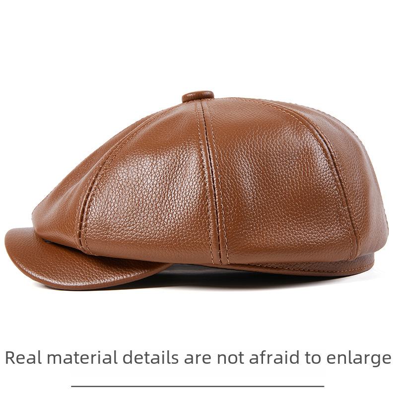 Trendy Korean-Style Cowhide Leather Octagonal Beret for Men - Autumn/Winter