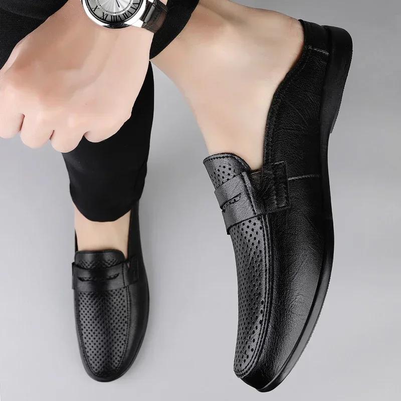 Genuine Leather Half Drag Lazy Loafers Comfy Casual Driving Flats Handmade Men Muller Shoes Travel Man Slip-on Shoes Moccasins