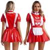 Womens Naughty Maid Uniform Clubwear Glossy Patent Leather Maid Cosplay Dress Ruffles Trims Bow Apron Puff Sleeve A-Line Dress