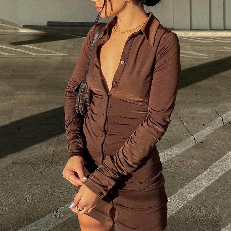 Ins Sexy Internet Celebrity Hottie Lapel Tight Skirt Summer New Single-breasted Cardigan Pleated Dress