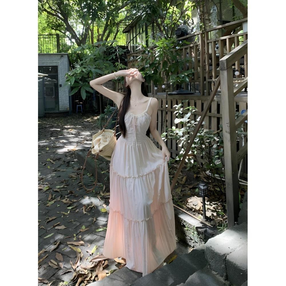 Romantisches rosa Trägerkleid mit Spitzeneinsatz, süßes, sanftes Temperament, langes Kleid, Damen Sommer Casual Neu