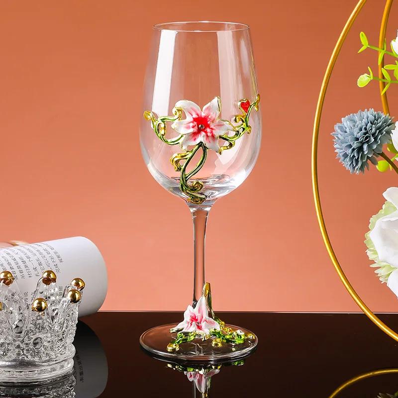 Luxury Crystal Enamel Goblet Glasses Vintage 3D Floral Decor Wine Glass Champagne Cup for Wedding Party Home Bar Home Party Gift