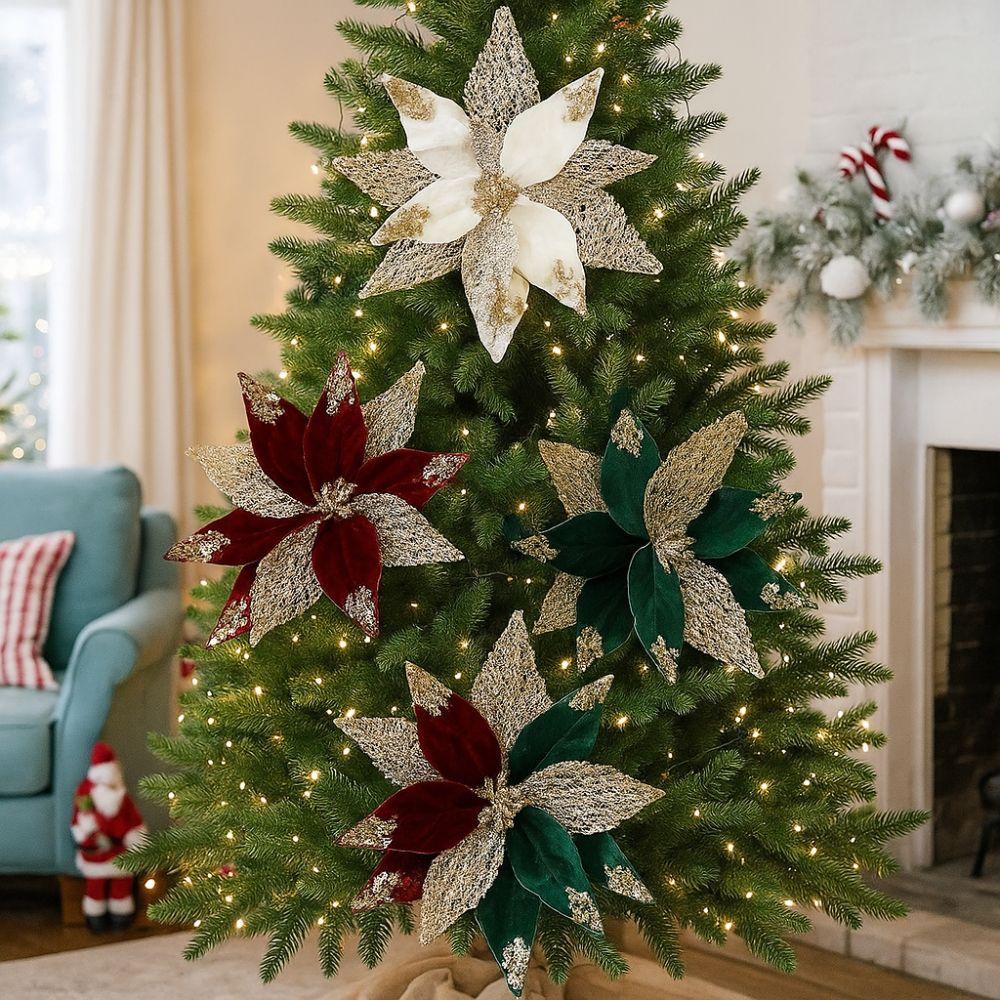 29cm Christmas Poinsettia Velvet Xmas Tree Ornaments Artificial Christmas Flower  Christmas Tree