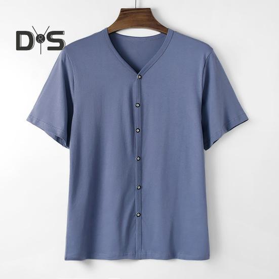 Pánské tričko s knoflíky, jednobarevné, s výstřihem do V a krátkým rukávem, letní ležérní prodyšný top pro denní nošení na ulici