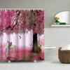 1/4 Pink Tree Shower Curtains, Toilet Seat Decoration, Shower Curtain With Carpet And Toilet Lid, 12 70.8X70.8 Inch Hooks