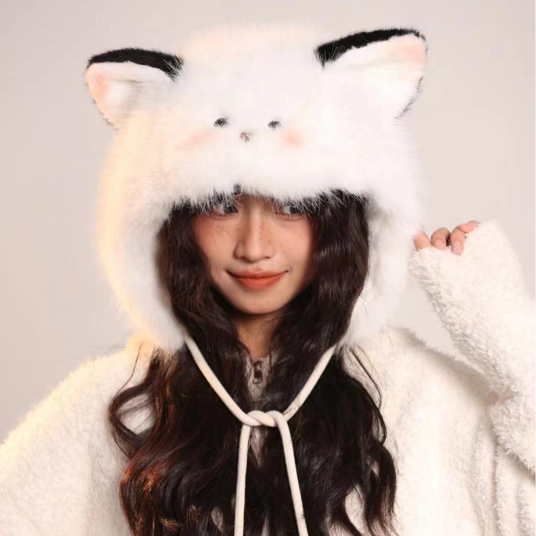 

Японская милая мультяшная плюшевая шапка-ушанка с кошачьими ушками для женщин, зимняя теплая вязаная шапка с утолщенной защитой ушей, модная Average Size