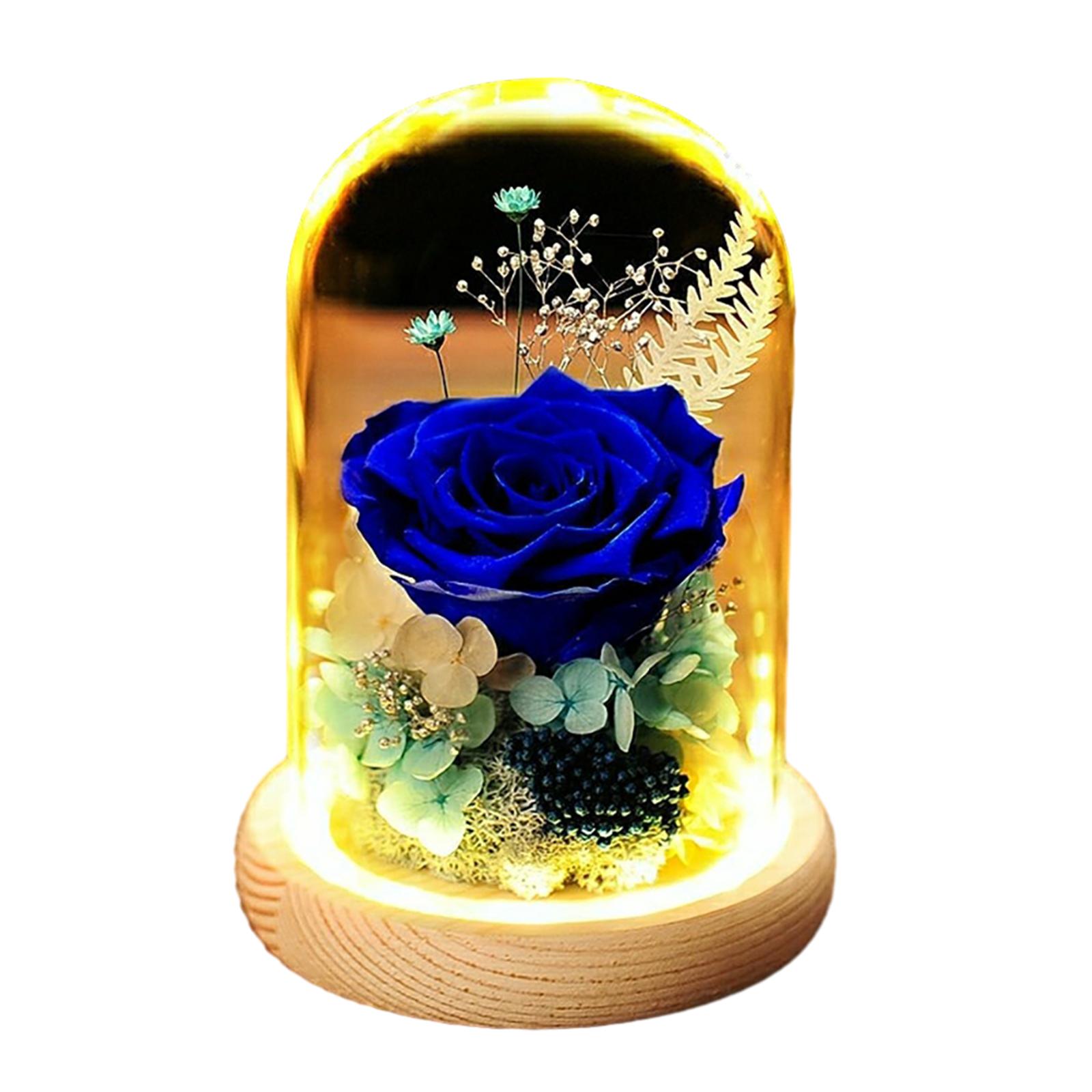 Rose In Glass Dome Decor With LED Lights Forever Artificial Flower, Eternal Light Up Rose Flower In Glass Dome For Wedding, Living Room, Friend Blue Enchantress