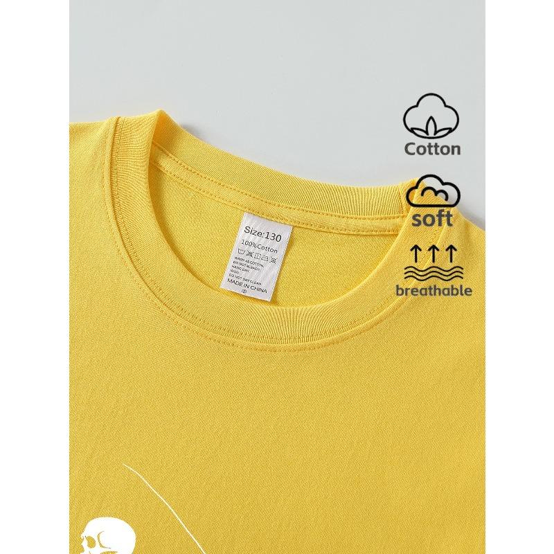 European sizes Boys Casual Short Sleeve T-Shirt with Skeleton Fishing Design Graphic Print-- Fun Summer Design, Regular Fit for Casual Attire