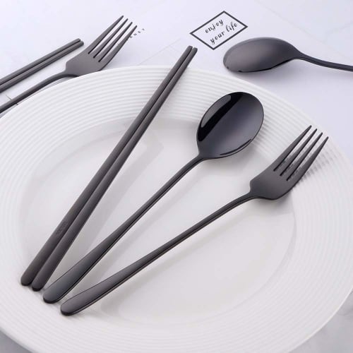 Do Buy Korean Cutlery Set for 2, Chopsticks, Spoon, and Fork, 18-8 Stainless Steel with a Mirror Finish, Black