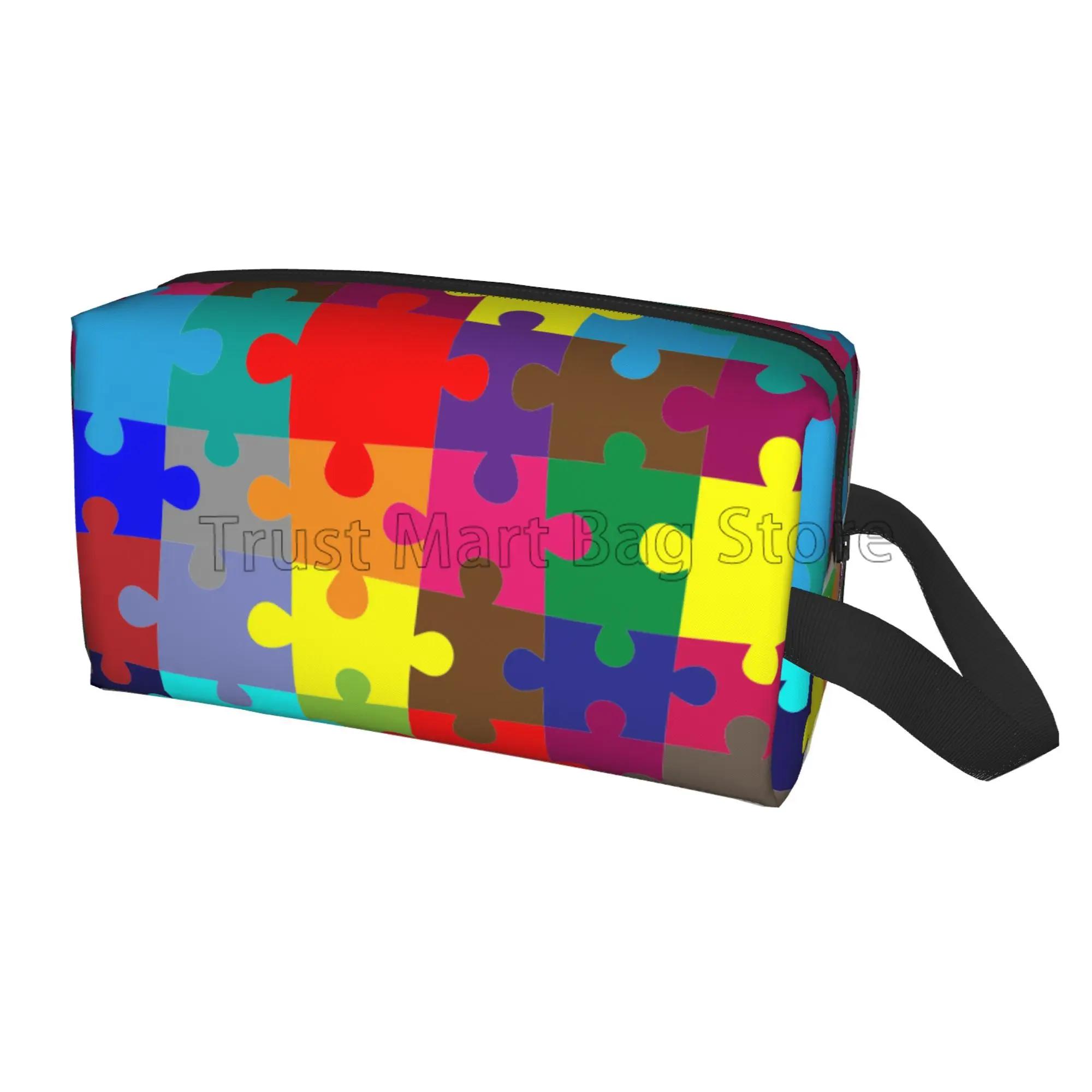 

Сумка для туалетных принадлежностей с рисунком из пазла для аутизма, портативная, вместительная, дорожная косметичка, органайзер для макияжа 25.5x16x12.5CM