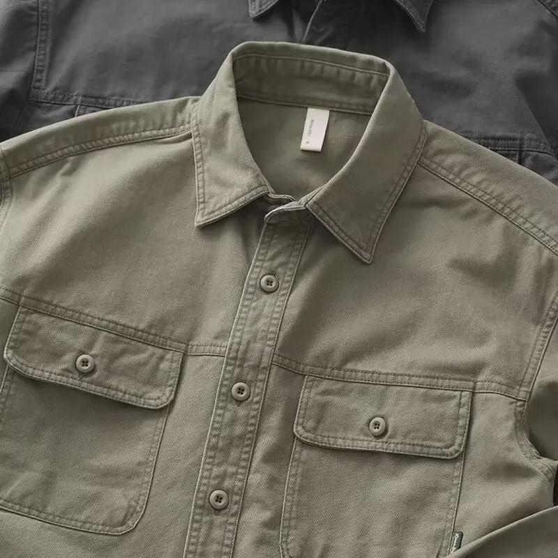 Shawn Yue Men's Japanese Style Workwear Shirt - Long Sleeve, Loose Fit, Washed Casual Jacket for Spring and Autumn