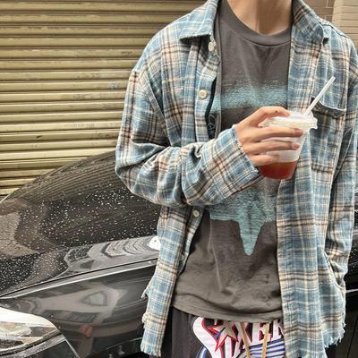 Chemise à Carreaux Américaine Rétro à Franges Effet Usé - Veste Tendance à Bord Brut Unisexe pour le Printemps et l'Automne