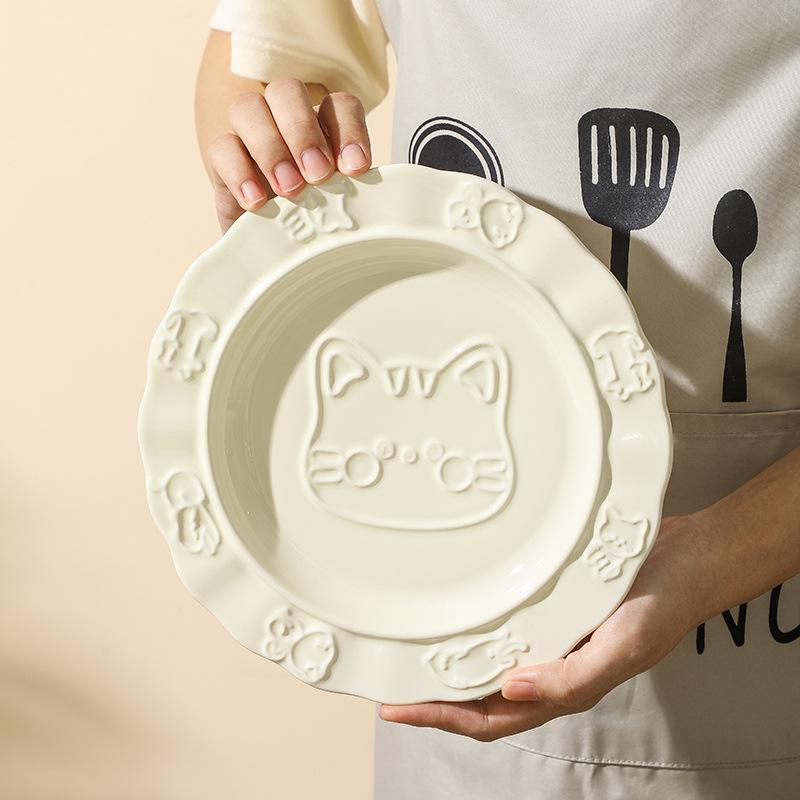 Creative Kitty Ceramic  Plate Ins Style Cartoon Cute Solid Relief Plate Dish Inventory Heart Plate Dessert Cake Fruit