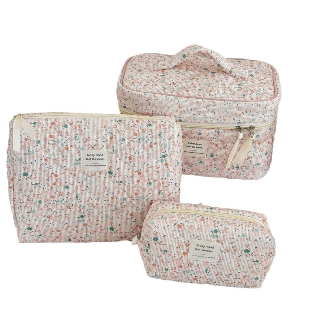 Vintage Floral Corduroy Makeup Bag - Large Capacity, Portable Cosmetic Storage Clutch