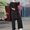 2024 Elegant Solid Color Muslim Women's Two-Piece Tracksuit with Double Stripe – Long Sleeve Shirt & Wide Leg Pants Set