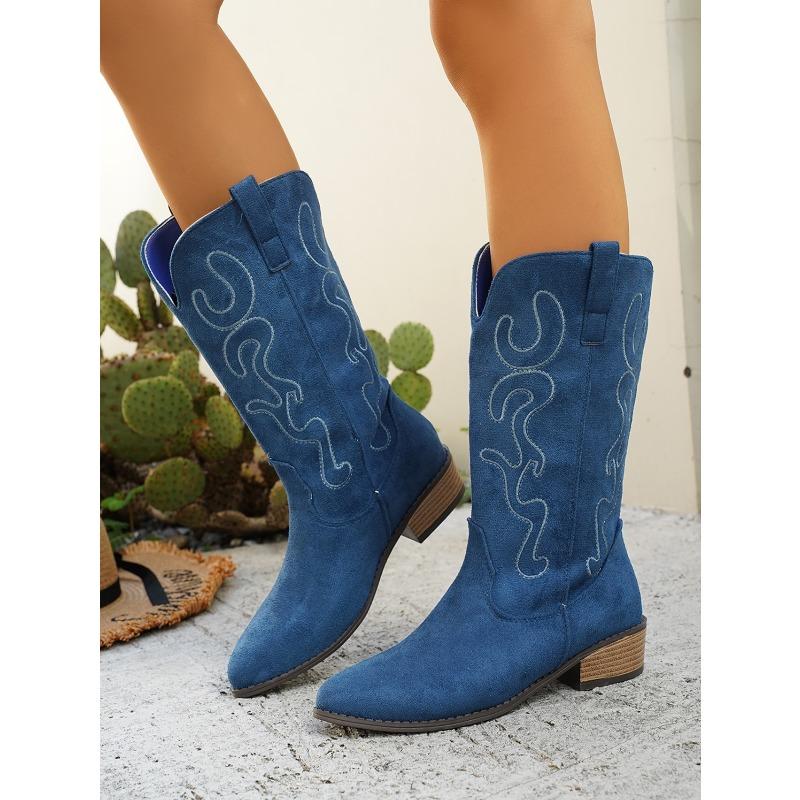 British Style Suede Pointed Toe Low-heeled Knight Boots for Winter 2025 New Plus-size Embroidered Sleeve Mid-leg Boots