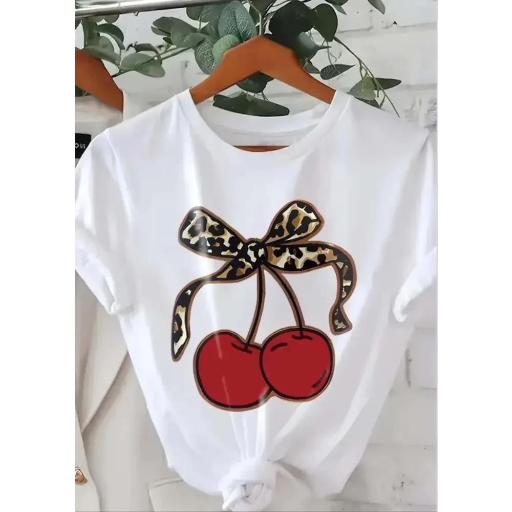Oversized Graphic TShirt for Ladies Casual Short Sleeve with Leopard Cherry Bowknot Print
