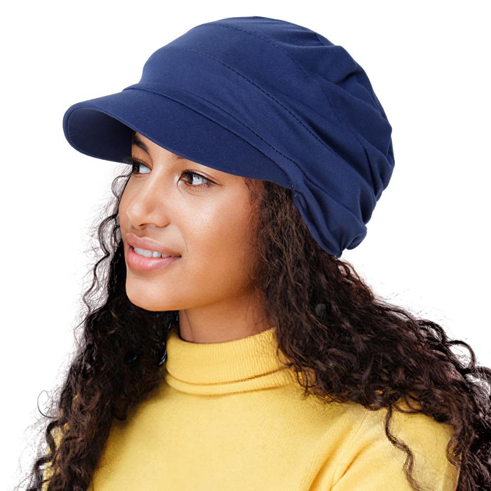Breathable Beanie with Brim Satin Lined Oversized Beanie Stylish Slouch Hat Unisex темно-синий