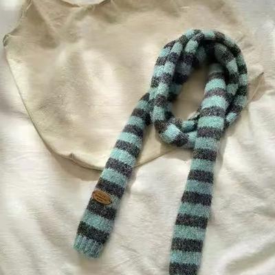 Black Grey Stripe Women Long Scarves Cotton Slim Decorative Neckerchief Knitted Warm Neck Thin Scarf Fashion Streetwear