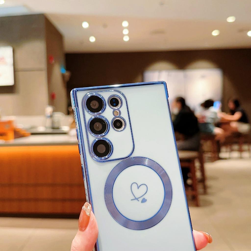 For Samsung Galaxy S24 Ultra Magnetic Case Electroplated Love Hearts TPU Phone Cover with Chain Strap