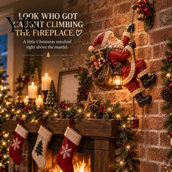 Creative Christmas Gift for Friends Climbing Santa Statue with LED Lantern, Wall Mounted Ornament, Outdoor Holiday Door Decorations Lighted