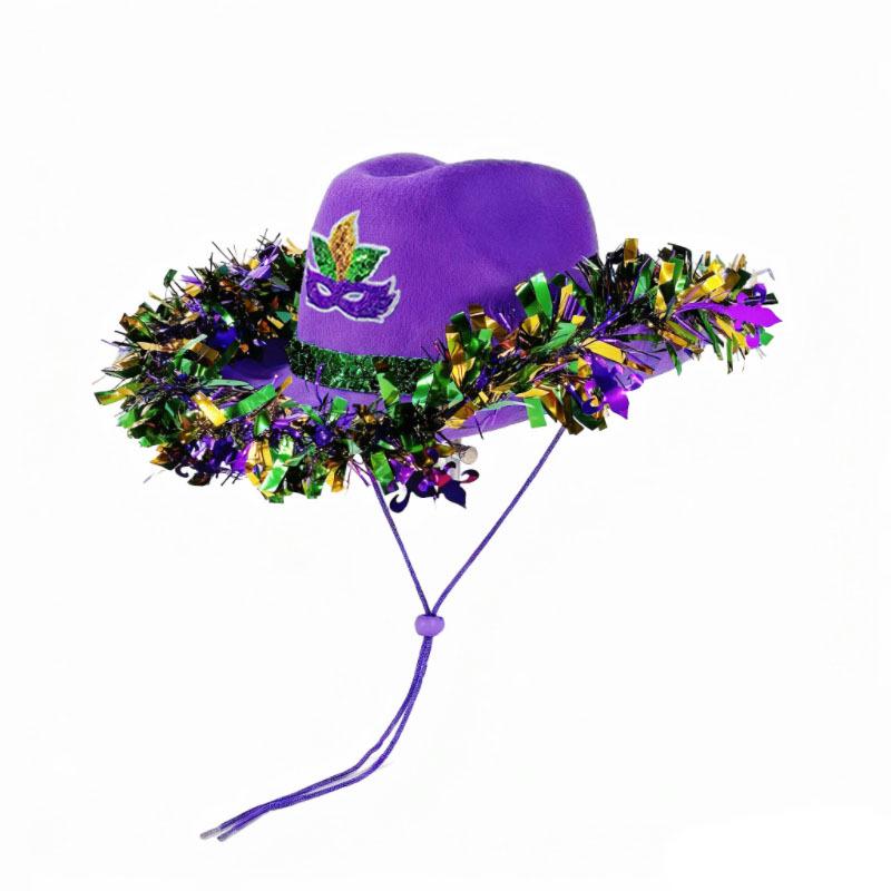 Hat with Purple Gold Green Feathers and Ribbon Trim for Celebrations