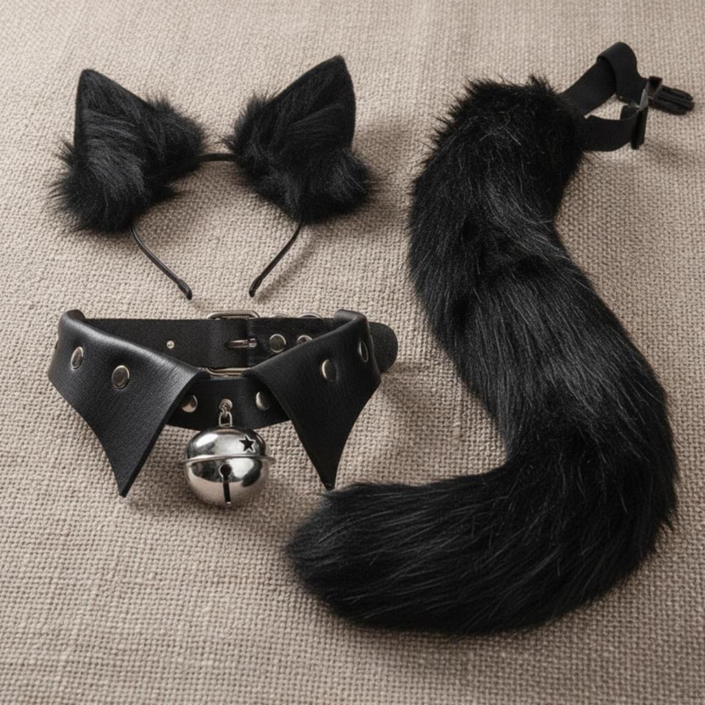 Faux-Faux-Fleece Cat Ears Headband and Tail Bell Collar Set Soft