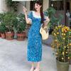 Square neck lace splicing blue floral dress, new short-sleeved long dress in summer, popular skirt women's clothing