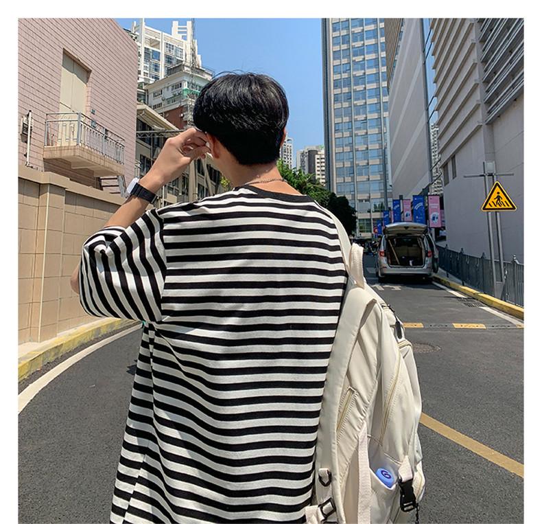 Men's Striped High Street Loose Fit T-Shirt - Trendy Summer Hong Kong Style for Couples and Students
