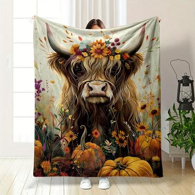 Autumn Highland Cow Floral Blanket Bedroom Blanket for Livingroom Couch Lunch Break Soft Throw for Friend's Festival Gift