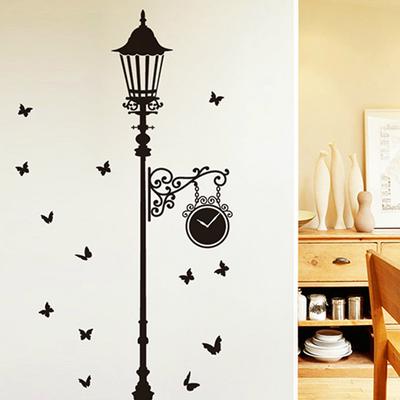 Sticker Mural Lampadaire Romantique Noir, Décor Amovible Dessin Animé Fond TV pour Salon et Chambre