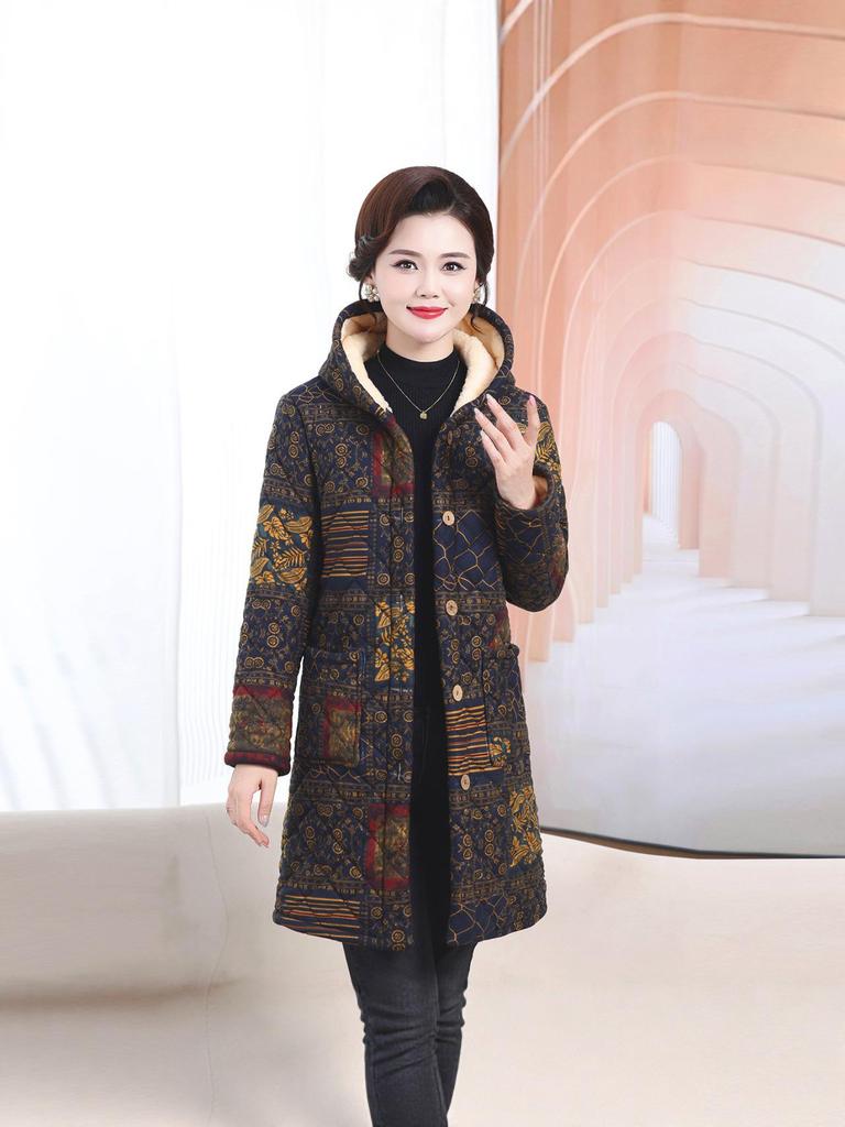 Mid-Aged & Elderly Women's Hooded Fleece-Lined Winter Coat, Warm Mid-Length Jacket, Fashionable New Style.